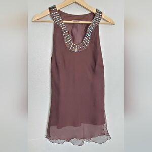 💚5/$25 Caché Silk Dark Brown Beaded Embellished  Sleeveless Blouse Size Medium